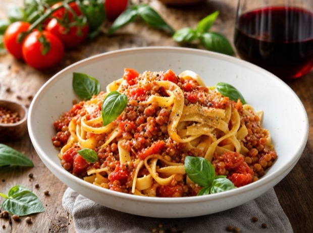 Vegan red lentil bolognese with tagliatelle and fresh basil