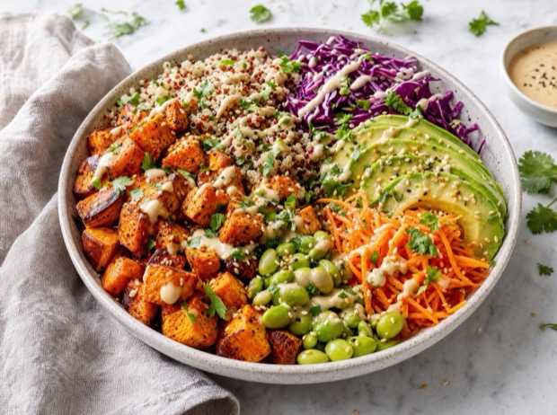 Rainbow buddha bowl with roasted sweet potato, quinoa and tahini sauce