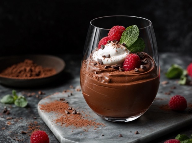 Chocolate avocado mousse in a glass topped with raspberries