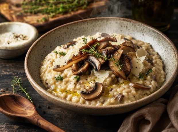 Creamy vegan mushroom risotto topped with wild mushrooms and thyme